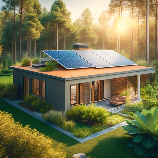 An illustration of a modern, eco-friendly home with a prominent roof-mounted solar panel array, surrounded by lush greenery, with a subtle glimpse of a green HVAC filter in the foreground.