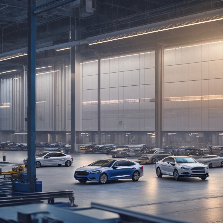 An illustration of a Ford factory floor with hybrid sedan production lines, robots assembling vehicles, and a subtle cityscape background with a faint hybrid sedan silhouette.