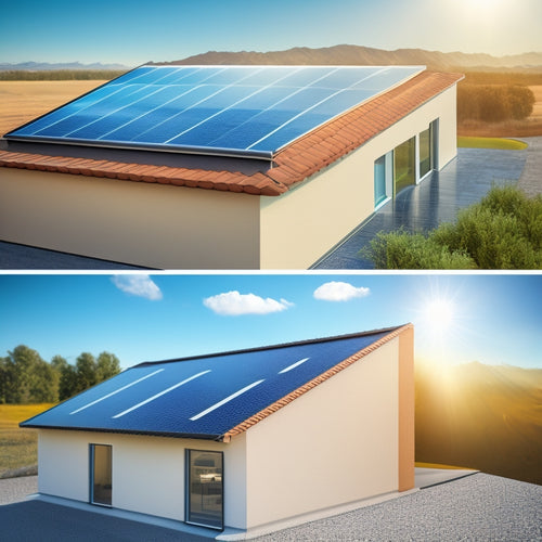 An illustration of a split rooftop: one side with a dark, heat-absorbing surface and the other with a reflective, silver-colored coating, with sunbeams and heat waves emanating from each side, comparing temperature differences.