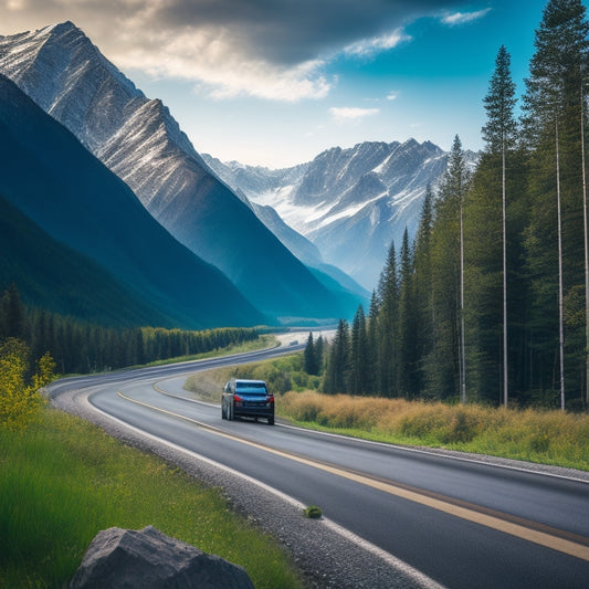 A scenic highway unwinds through a majestic mountain range, flanked by lush green forests, with a sleek electric vehicle in the distance, leaving a trail of electric blue sparks behind it.