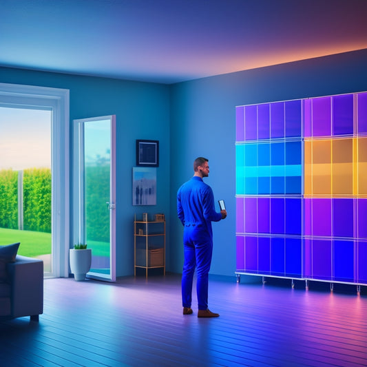 An illustration of a person standing in front of a large, transparent grid comparing multiple home battery systems, with varying sizes, colors, and shapes, amidst a subtle background of a home's interior.