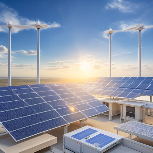 An illustration of a rooftop solar panel array with a central monitoring station, surrounded by gauges, graphs, and real-time data displays, amidst a backdrop of a sunny blue sky and fluffy white clouds.