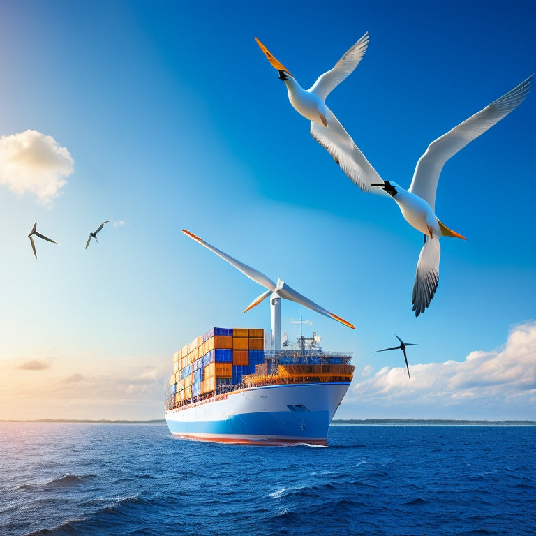 An illustration of a cargo ship with wind turbines and solar panels on its deck, sailing through calm waters with a bright blue sky and fluffy white clouds, surrounded by seagulls flying overhead.