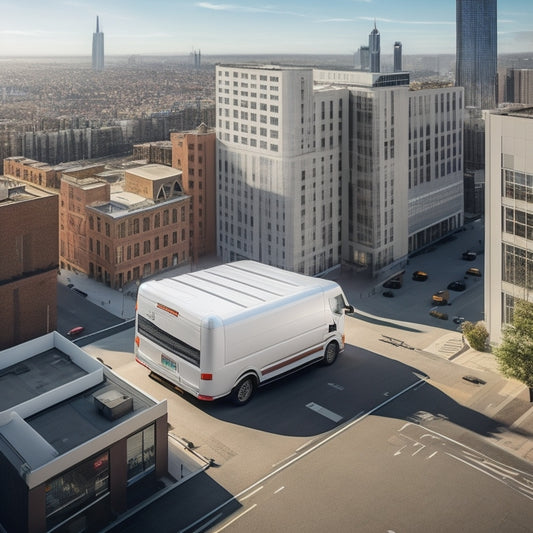 A futuristic, aerial illustration of a large, white delivery van with a sleek, black solar panel roof, parked in a modern, urban warehouse district, surrounded by city skyscrapers and greenery.