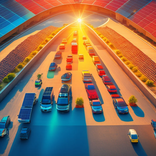 An illustration of a fleet of vehicles, including trucks, vans, and cars, with solar panels installed on their rooftops, parked in a circular formation around a bright, glowing sun.