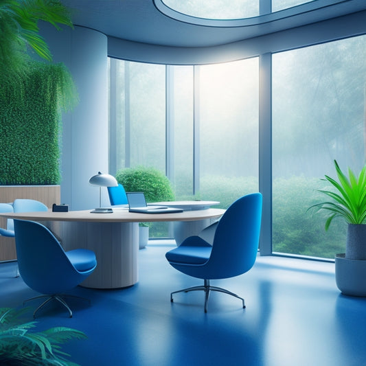 A futuristic office interior with sleek, minimalist desks and chairs, featuring a prominent air vent with a swirling green mist, surrounded by lush greenery and a subtle, glowing blue aura.