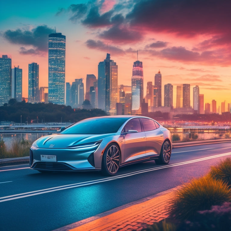 A sleek, silver electric car parked in front of a futuristic cityscape at sunset, with neon lights reflecting off its polished hood, surrounded by lush greenery and a subtle glow of electric circuits.