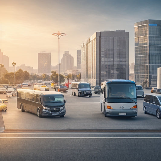 An illustration of a fleet of electric vehicles, buses, or trucks parked in a row, with a cityscape or urban background, featuring prominent battery symbols or icons above each vehicle.