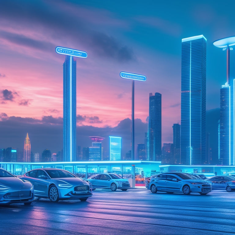 A futuristic cityscape at dusk with sleek, minimalist electric vehicles parked alongside modern charging stations, glowing with soft blue lights, amidst a network of glowing electric circuits and wires.