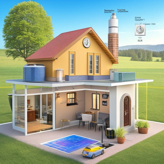 An illustration of a house with a geothermal heat pump system, surrounded by a grid of calculators, calendars, and clocks, with a subtle background of Earth's layers and thermal energy symbols.
