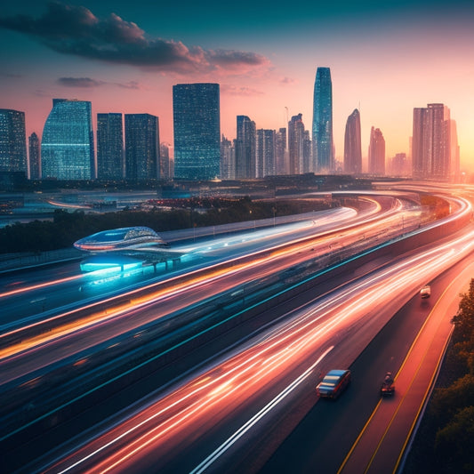 A futuristic cityscape at dusk, with sleek electric vehicles zooming past a blurred background of neon-lit skyscrapers, amidst a network of elevated roads and hyperloops.