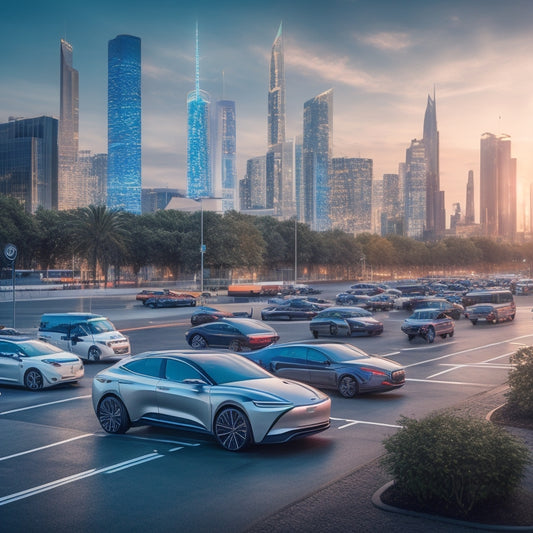 A futuristic cityscape with sleek, electric vehicles parked in a row, surrounded by charging stations, with a large, glowing map display screen in the background, showcasing routes and vehicle tracking data.