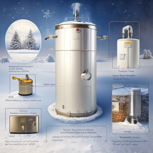 An illustration of a water heater in a frosty environment, surrounded by ice crystals and snowflakes, with 5 distinct sections or panels showcasing different winterization methods, each with corresponding visual representations.