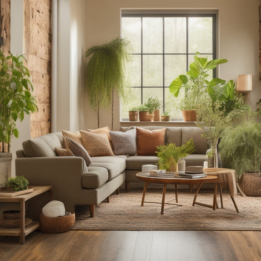 A serene, naturally-lit living room with a warm, honey-toned cork floor, adorned with lush greenery and a reclaimed wood accent wall, evoking a sense of eco-friendly harmony.