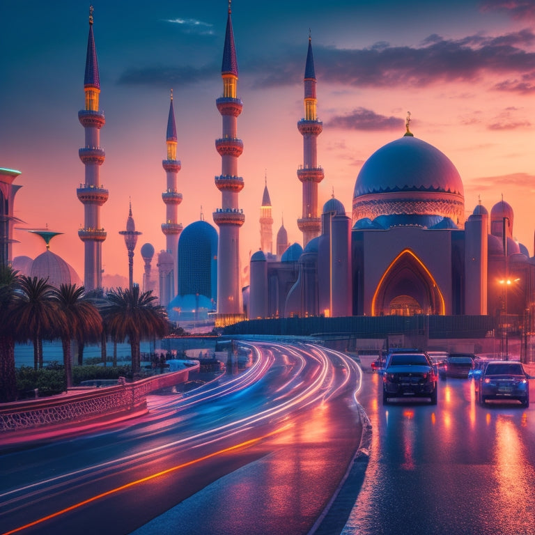 A futuristic cityscape at dusk, with sleek, modern skyscrapers and neon-lit streets, featuring a convoy of electric vehicles in bold colors, zipping past a majestic Middle Eastern or African-inspired mosque or monument.