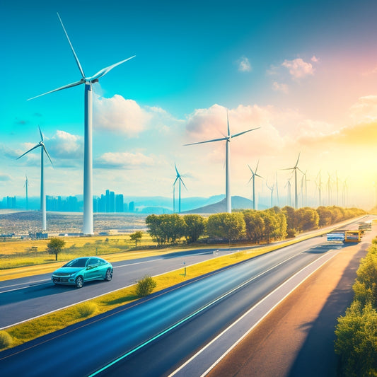 A futuristic cityscape with sleek, aerodynamic electric vehicles zooming by, amidst a backdrop of wind turbines and solar panels, with a bright blue sky and a subtle bolt of electricity illuminating the atmosphere.