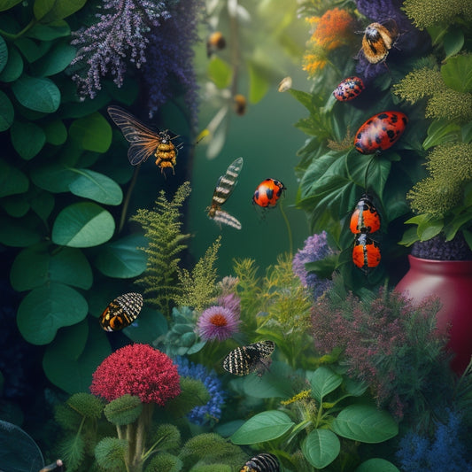 An illustration depicting a thriving vertical garden with lush greenery, vibrant flowers, and a diverse range of insects, such as ladybugs and bees, amidst a subtle, natural environment.
