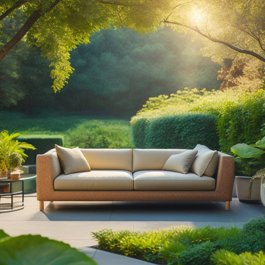 A serene outdoor setting with a modern hemp sofa centered, surrounded by lush greenery, with a sleek solar panel array installed on the roof above, casting a gentle shadow.