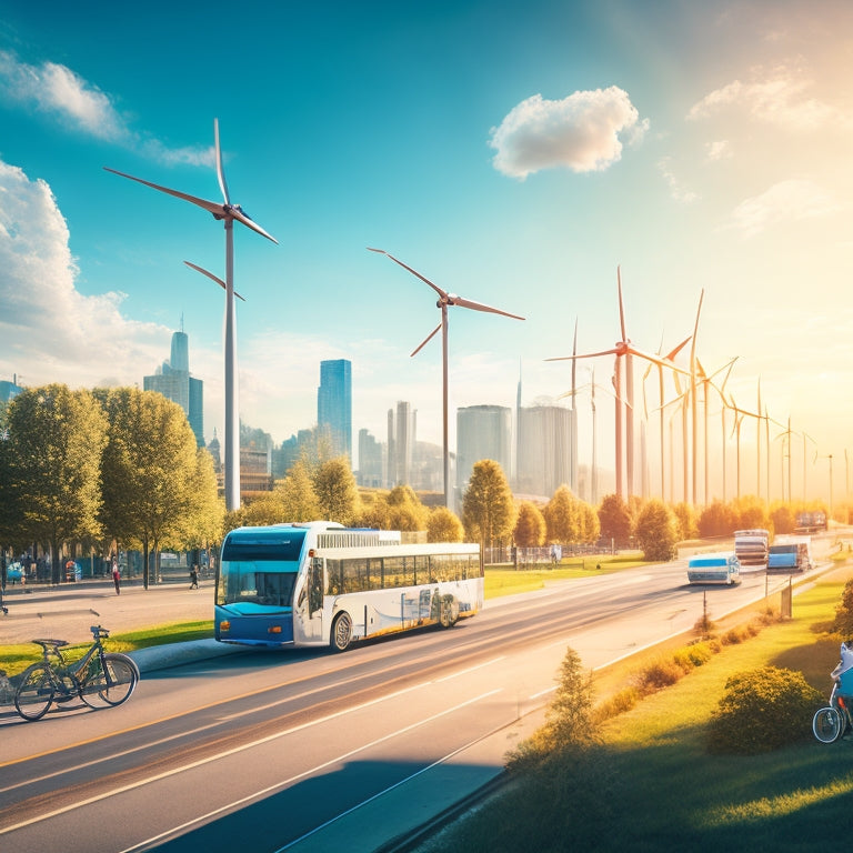 An illustration of a cityscape with a fleet of electric vehicles, bicycles, and buses, surrounded by greenery and wind turbines, with a subtle glow of sunlight and a blue sky.