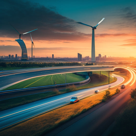 A futuristic cityscape at dusk with sleek, aerodynamic EVs zooming past on highways, surrounded by greenery and wind turbines, with a blurred, curved line representing reduced carbon emissions.