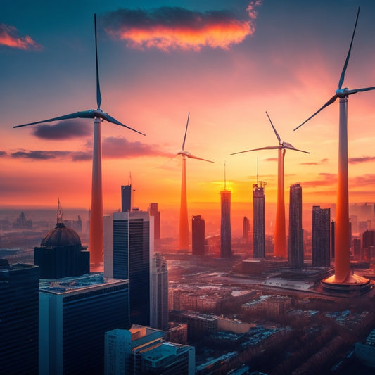 A dramatic, high-contrast cityscape at sunset with three distinct rooftop wind turbines, each uniquely designed, rotating at varying speeds, set against a backdrop of towering skyscrapers and wispy clouds.