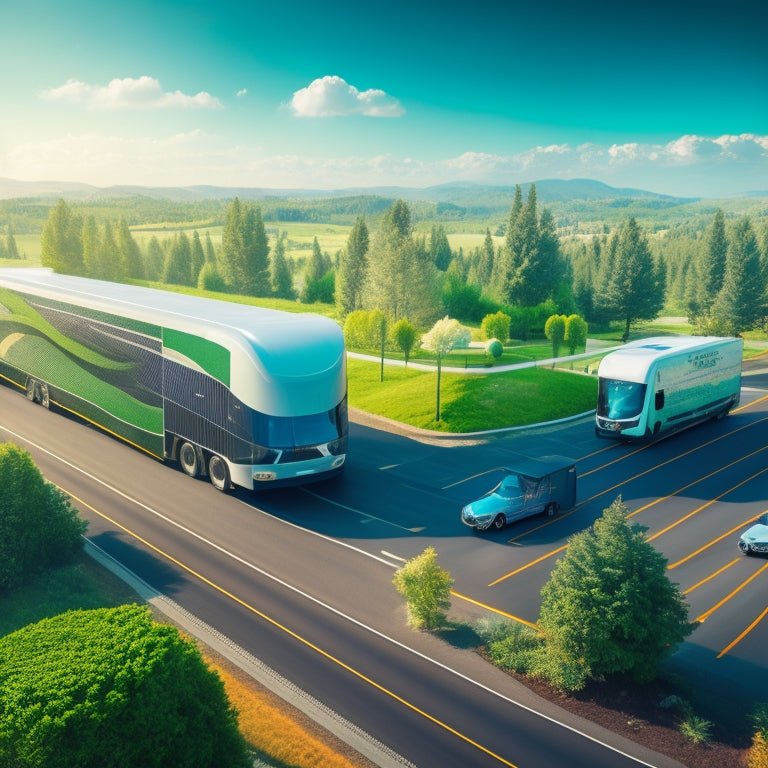 A futuristic illustration depicting a fleet of vehicles, including trucks, buses, and vans, with sleek, modern designs, surrounded by greenery, with stylized, swirling patterns of wind, solar, and hydro energy.