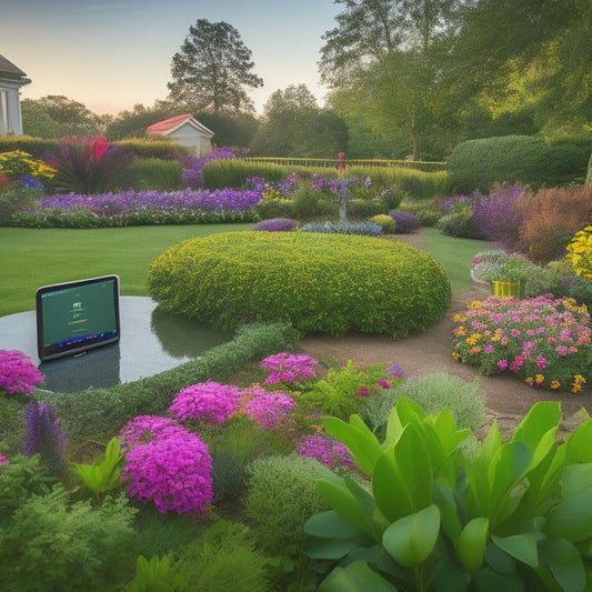 A serene garden scene with a mix of lush greenery and vibrant flowers, featuring a smart irrigation system with sensors and a mobile app display on a tablet in the foreground.