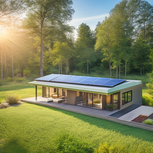 A serene, modern eco-home with solar panels, green roof, and smart thermostat, surrounded by lush trees and a bright, sunny sky, with a subtle grid of interconnected devices in the background.