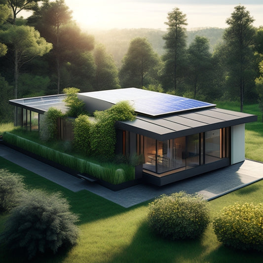 A futuristic, sleek, and minimalist 3D rendering of a sustainable home with solar panels, green roof, and large windows, surrounded by lush greenery and a subtle cityscape in the background.