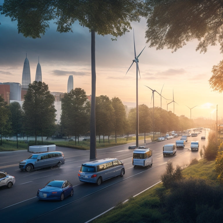 A serene cityscape at dusk with a fleet of eco-friendly vehicles, including electric cars, buses, and bicycles, parked along a tree-lined street, surrounded by lush greenery and wind turbines in the distance.