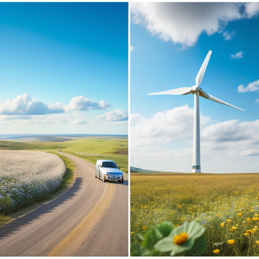 Illustrate a serene landscape with a subtle, winding road leading to a sleek, silver electric vehicle parked beside a wind turbine, surrounded by blooming wildflowers and a radiant blue sky.