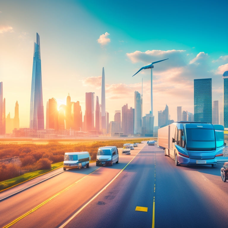 A futuristic cityscape with sleek, electric light commercial vehicles (LCVs) of varying sizes and brands zooming by, amidst a backdrop of gleaming skyscrapers and wind turbines.