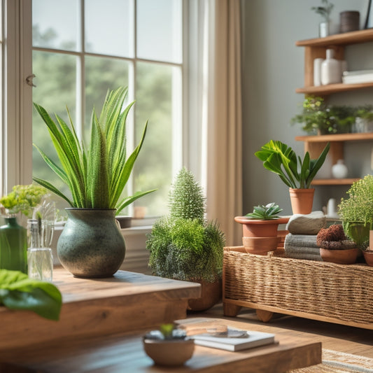 A serene living room with lush green plants, natural light pouring in, and a minimalist wooden shelf holding a set of elegant, eco-friendly cleaning bottles and a small potted succulent.