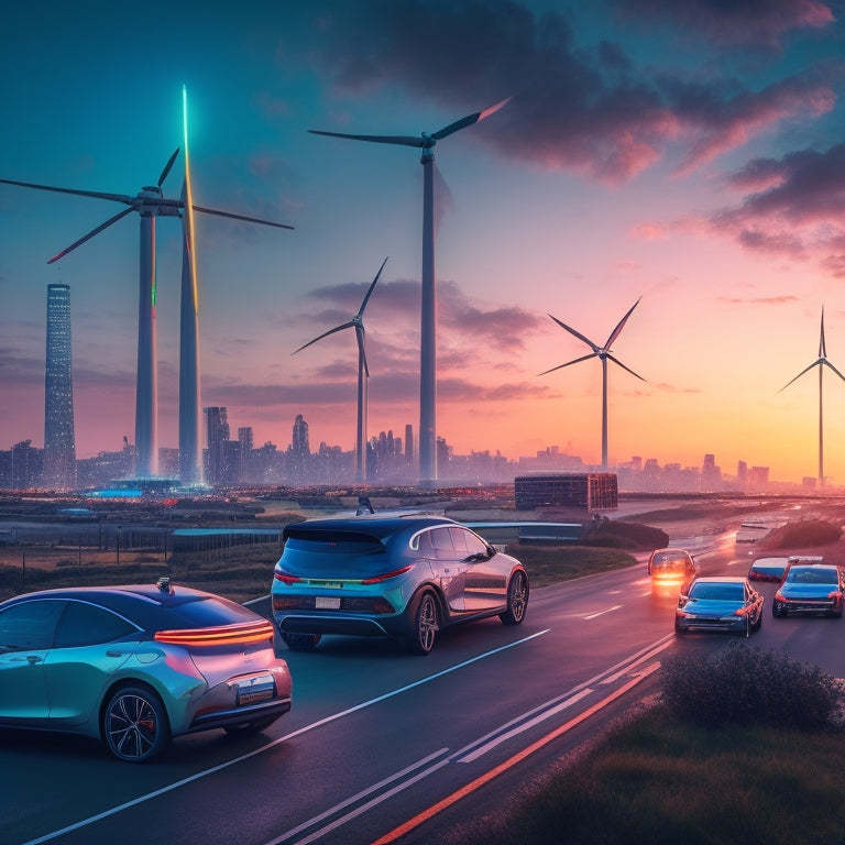 A futuristic cityscape at dusk with sleek, electric vehicles of varying sizes (cars, buses, trucks) zipping by, surrounded by glowing charging stations and wind turbines in the background.