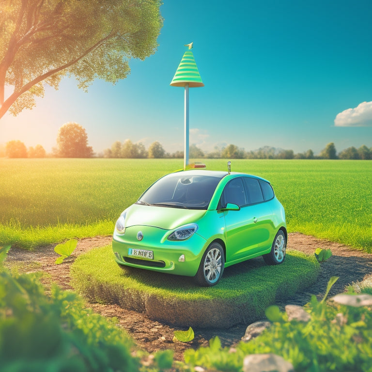 An illustration of a green electric vehicle parked in front of a piggy bank, with coins and leaves overflowing from the piggy bank, surrounded by lush greenery and a bright blue sky.