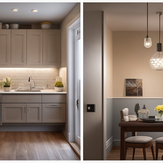 A split-screen image: a cluttered, dimly lit room with traditional outlets and tangled cords on the left, and a bright, organized space with sleek, energy-saving outlets and minimalist decor on the right.