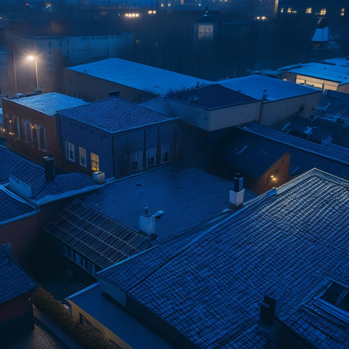 An aerial view of a urban cityscape with a stark contrast between traditional dark roofs and a few scattered cool roofs with heat-reflecting tiles, radiating a bright, icy blue glow.