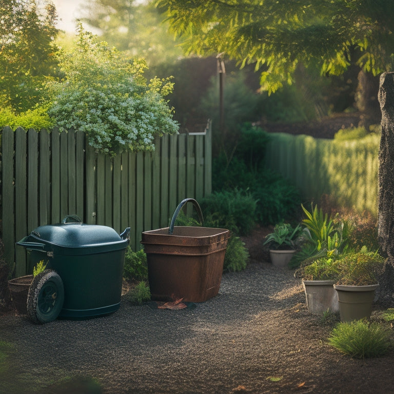 A serene backyard scene with a compost bin, lush green plants, and a few fallen leaves, surrounded by a wooden fence, with a wheelbarrow and gardening tools in the corner.