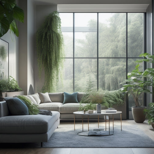 A serene, modern living room with lush greenery cascading down floor-to-ceiling vertical gardens, surrounding a large window with a subtle, warm glow, and a thermostat in the background displaying a low temperature.