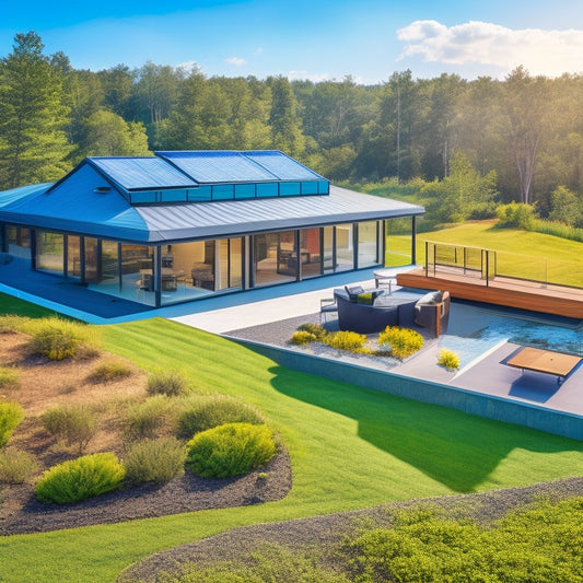A serene, modern home with a lush green roof, surrounded by trees, featuring a cross-section of the roof showing eco-friendly insulation materials, solar panels, and a bright blue sky.