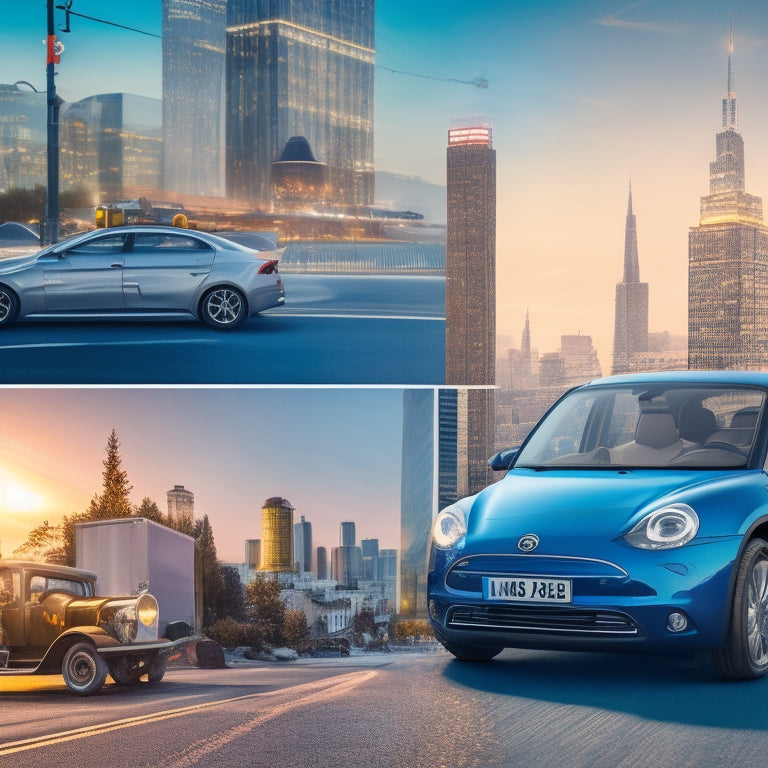 An illustration of a split-screen comparison: a fossil fuel-powered car with a draining gas tank and a worried driver, versus an electric vehicle with a full battery and a smiling driver, surrounded by coins and a cityscape.