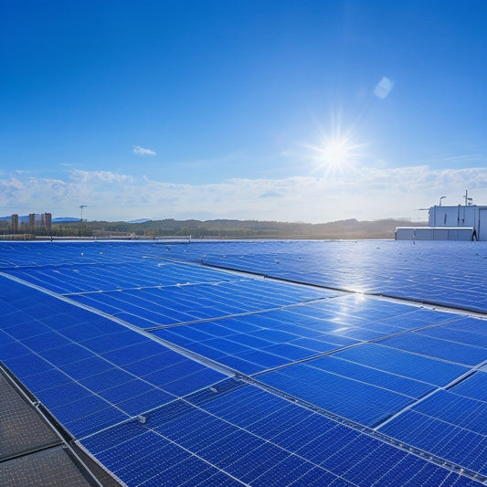 A bright blue sky with a few white, puffy clouds behind a rooftop lined with sleek, black solar panels, with a few panels slightly angled and others reflecting sunlight.