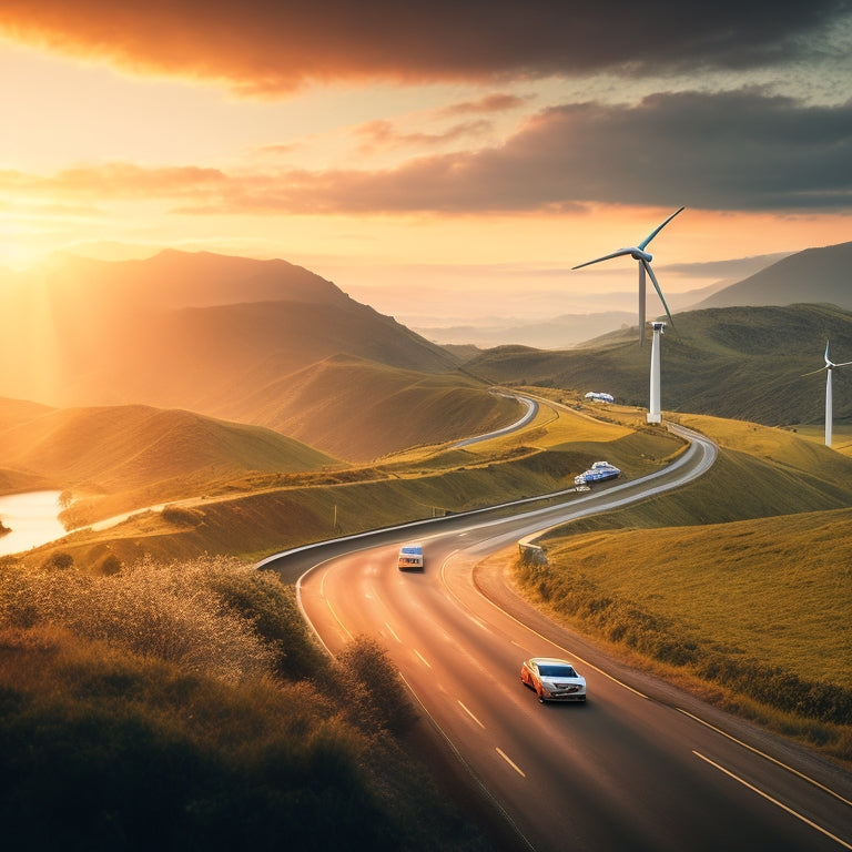 An illustration of a fleet of electric vehicles driving on a winding road surrounded by green hills and wind turbines, with a subtle background of a cityscape at sunset.