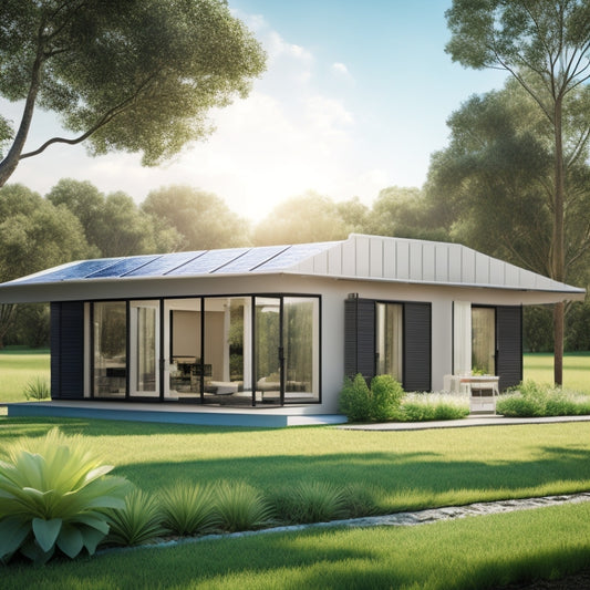 A modern, eco-friendly home with large windows featuring a combination of solar shades, plantation shutters, and thermal curtains, surrounded by lush greenery and a sunny sky with fluffy white clouds.