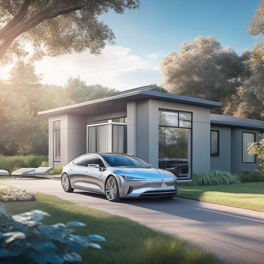An illustration of a sleek, silver electric vehicle parked in a modern home's driveway, with a bright, glowing cord connecting the car to the house, surrounded by lush greenery and a sunny sky.