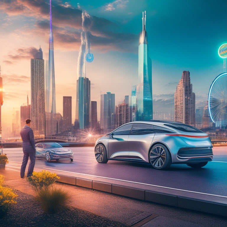 A futuristic illustration featuring a sleek, silver electric vehicle in the foreground, surrounded by vibrant, swirling energy patterns, with a subtle cityscape and charging stations in the background.