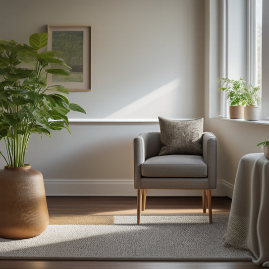 A serene living room with a lush green potted plant on a wooden side table, a natural fiber area rug, and a minimalist air purifier blending into the background, surrounded by soft, golden light.