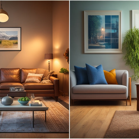 A split-screen image: a cozy living room with a thermostat displaying a low temperature on the left, and a detailed illustration of underground pipes and a heat pump on the right.