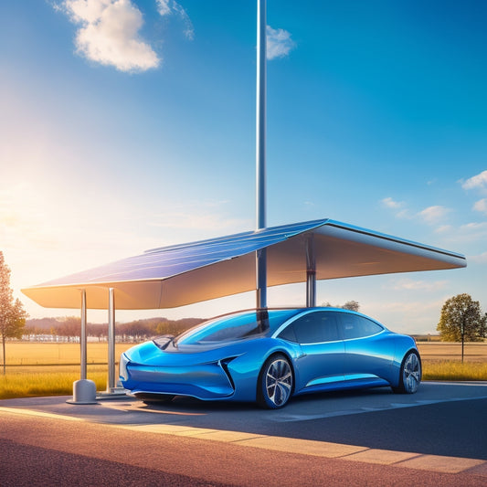 A futuristic illustration of a sleek, modern electric vehicle parked at a solar-powered charging station, with photovoltaic panels above and a bright blue sky in the background.