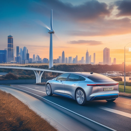 An illustration of a sleek, silver electric car with glowing blue accents, set against a blurred cityscape background with faint outlines of wind turbines and greenery, conveying innovation and sustainability.